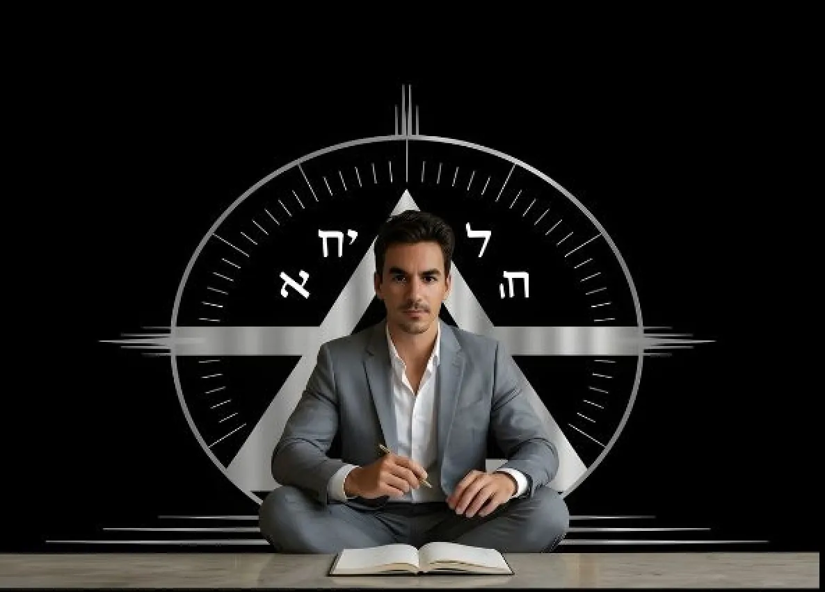 Rogerio D Souto, numerólogo, sentado com um caderno aberto diante de um triângulo e de uma bússola com letras hebraicas